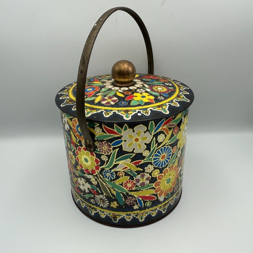 Vintage Candy Cookie Bucket Daher Tin Metal Retro Mod Floral Container England